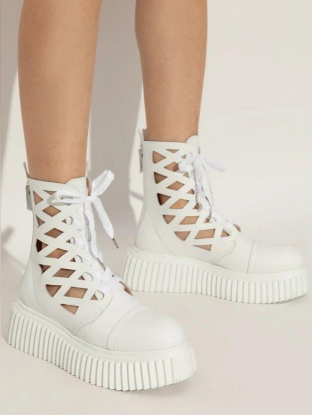 Agl Viggy Laser Cut White Leather Platform Ankle Boots Eu 38 Us 8 Org $491